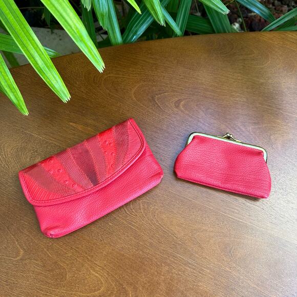 Vintage 1980s Red Leather Clutch Handbag with Attachable Coin Purse - Picture 1 of 9